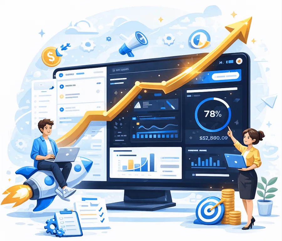 GoHighLevel customization illustration showing a personalized CRM interface with analytics charts, growth graph, and professionals optimizing performance and business metrics