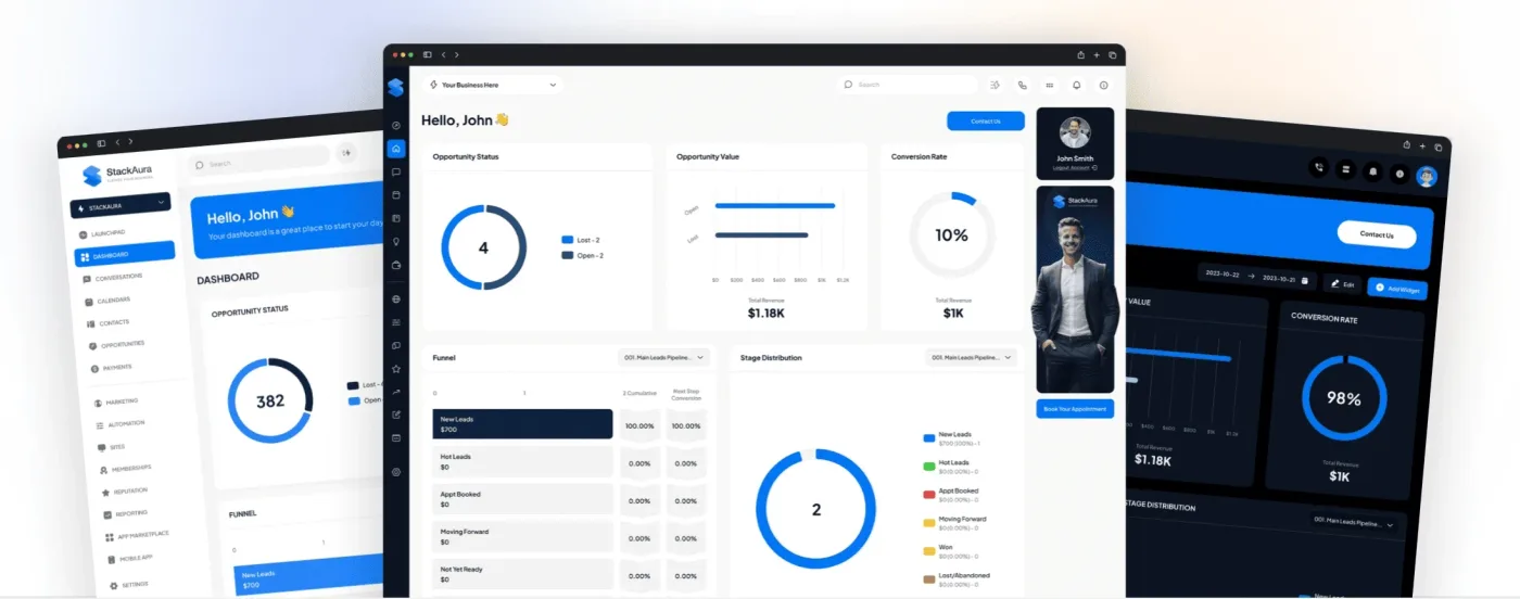 Three customized GoHighLevel dashboards: a light branded theme, a white analytics layout, and a dark mode theme