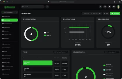 Green accent dark mode GoHighLevel dashboard theme
