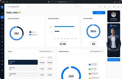 Light GoHighLevel dashboard theme with branded sidebar and white-label CRM layout