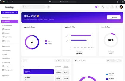 Light purple GoHighLevel dashboard theme with custom banner and CRM metrics