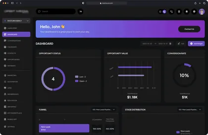 Purple accent GoHighLevel dashboard theme with SaaS-style interface