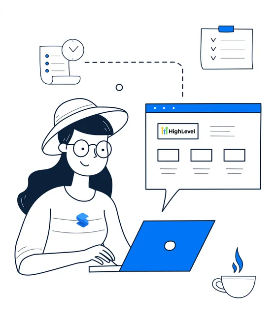 GoHighLevel specialist reviewing CRM setup and automation workflows inside the GoHighLevel platform dashboard for an agency client