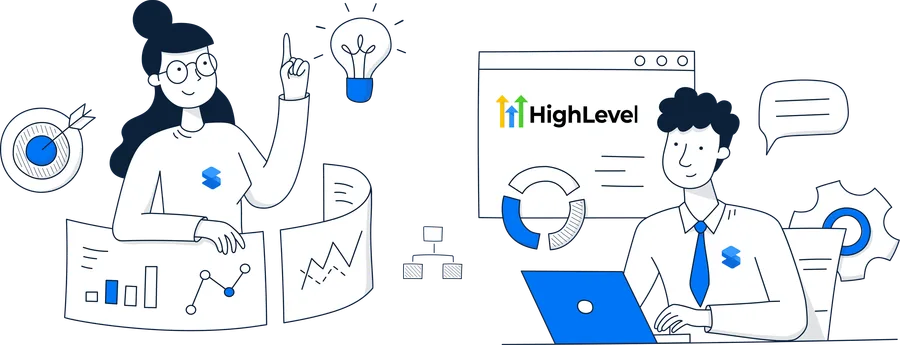 Certified GoHighLevel expert and agency strategist working together to build automation systems and CRM workflows for a growing marketing agency